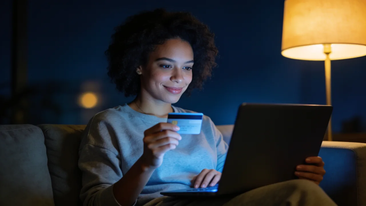 Mulher fazendo compra online pelo notebook em casa à noite, com cartão na mão, durante a Black Friday
